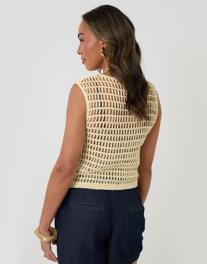 Threadbare Crochet Button Up Vest in Lemon Yellow - back view