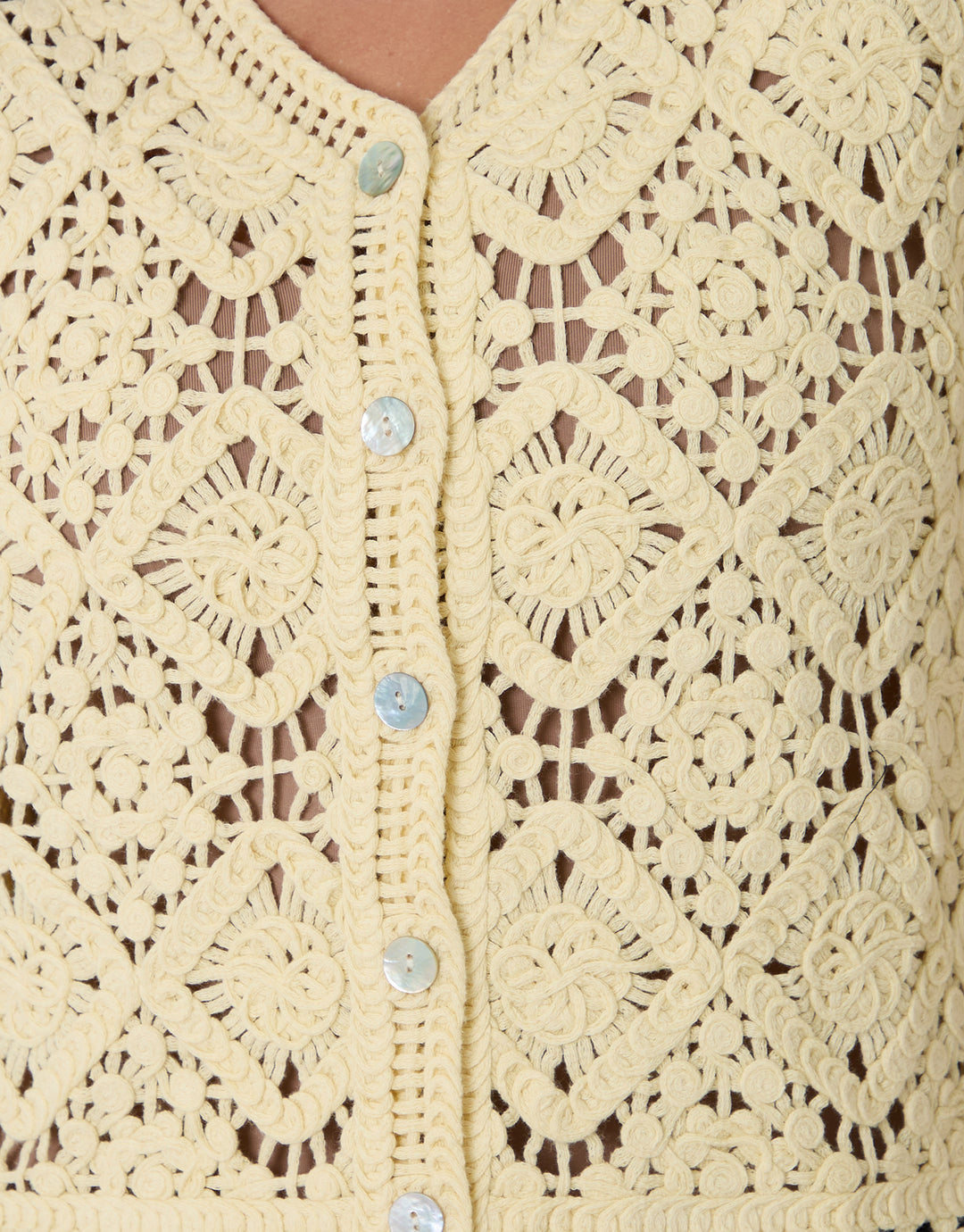 Threadbare Crochet Button Up Vest in Lemon Yellow - buttons close up