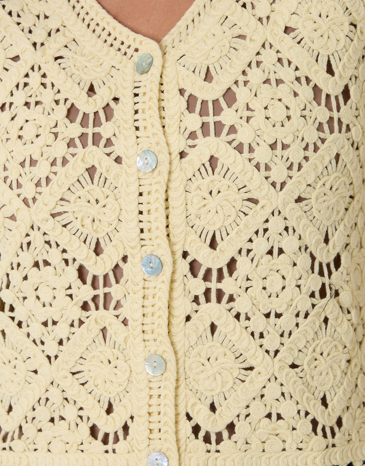 Threadbare Crochet Button Up Vest in Lemon Yellow - buttons close up