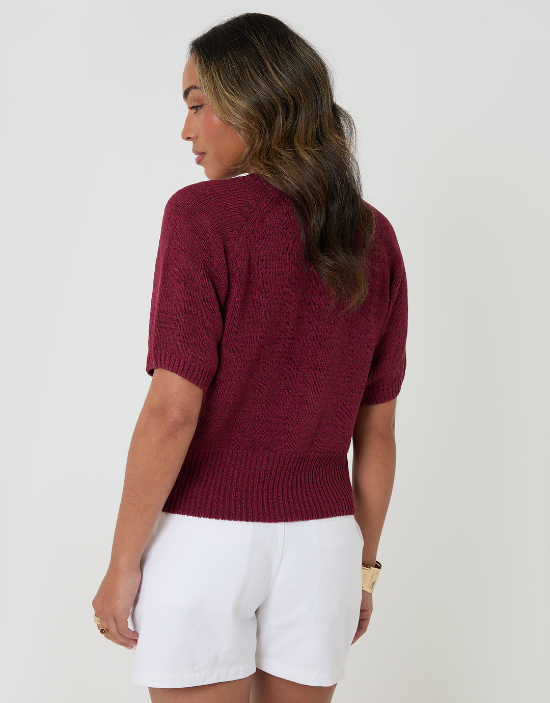 Threadbare Knitted Yarn Short Sleeve T-Shirt in Burgundy - back view