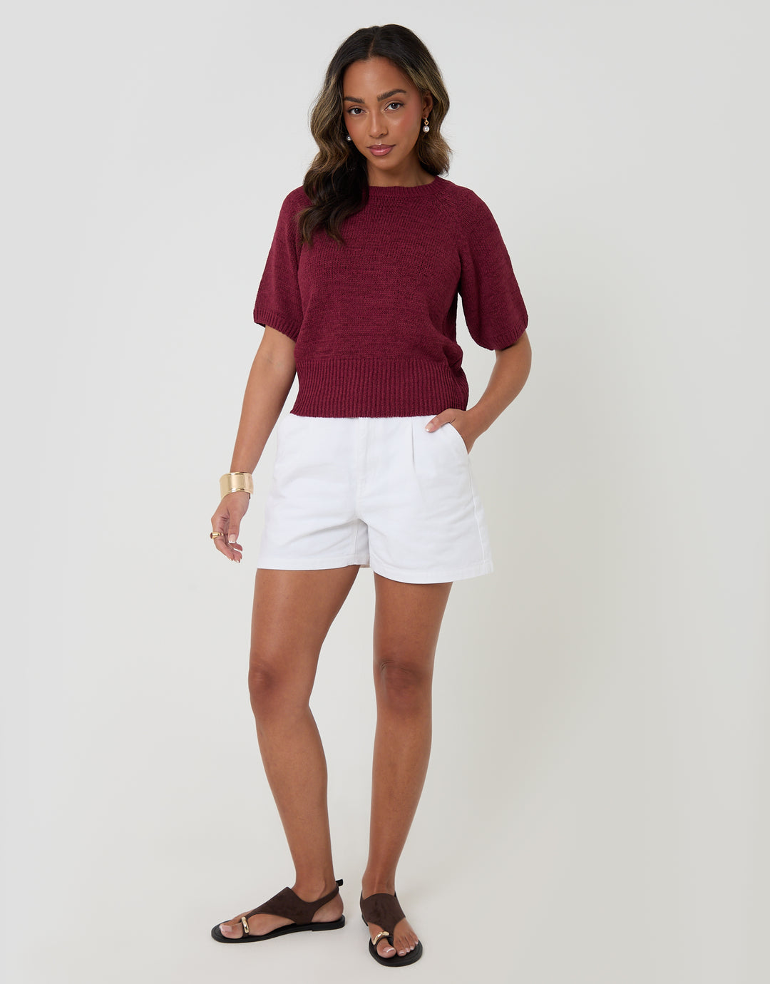 Threadbare Knitted Yarn Short Sleeve T-Shirt in Burgundy - full body