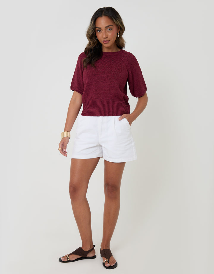 Threadbare Knitted Yarn Short Sleeve T-Shirt in Burgundy - full body