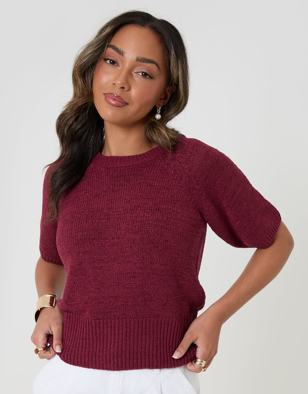 Threadbare Knitted Yarn Short Sleeve T-Shirt in Burgundy - front view