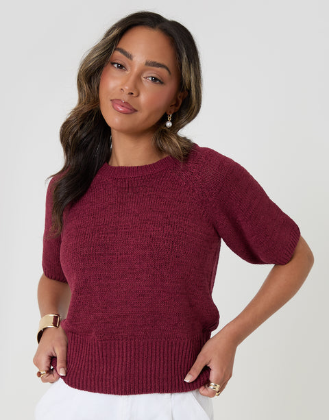 Threadbare Knitted Yarn Short Sleeve T-Shirt in Burgundy - front view