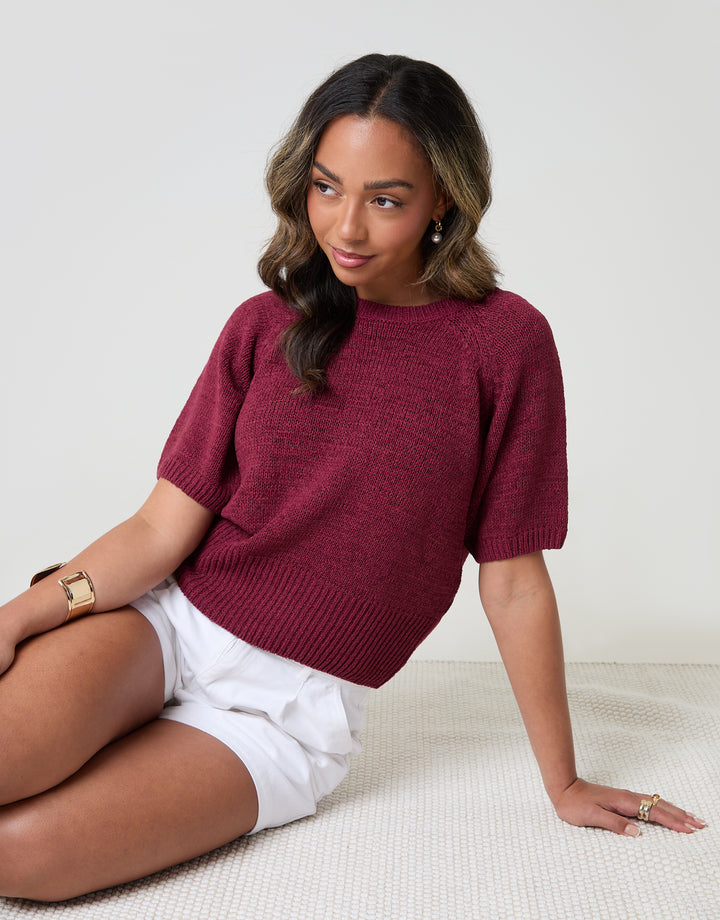 Threadbare Knitted Yarn Short Sleeve T-Shirt in Burgundy - seated