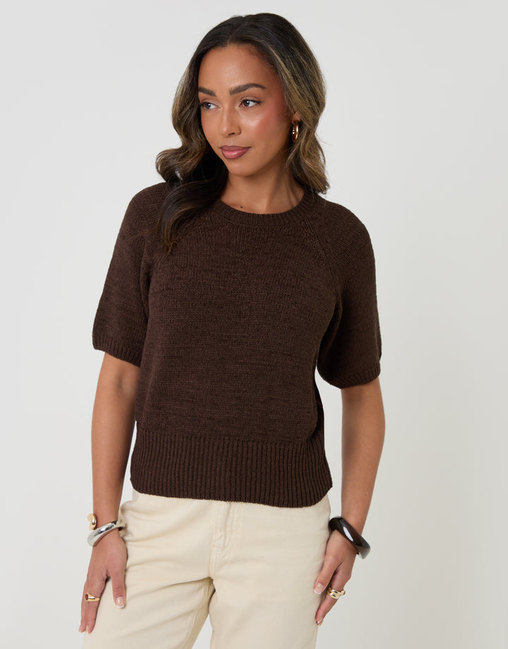 Threadbare Knitted Yarn Short Sleeve T-Shirt in Chocolate Brown - front view