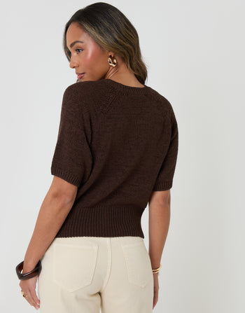 Threadbare Knitted Yarn Short Sleeve T-Shirt in Chocolate Brown - back view