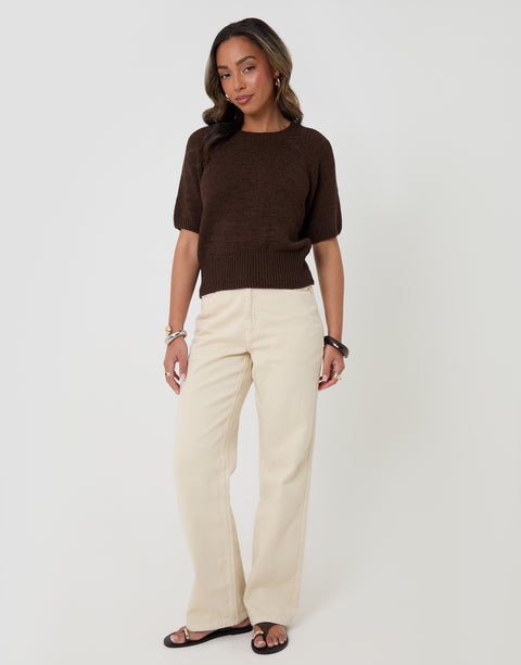 Threadbare Knitted Yarn Short Sleeve T-Shirt in Chocolate Brown - full body