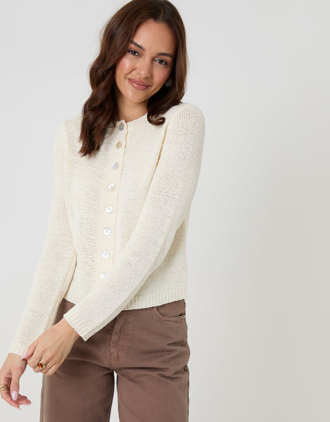 Threadbare Knitted Yarn Crew Neck Cardigan in Ecru - front view