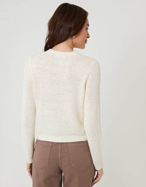 Threadbare Knitted Yarn Crew Neck Cardigan in Ecru - back view