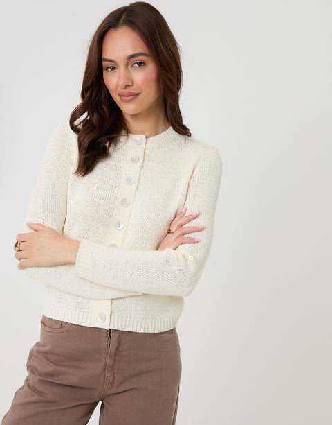 Threadbare Knitted Yarn Crew Neck Cardigan in Ecru - front view, arms crossed