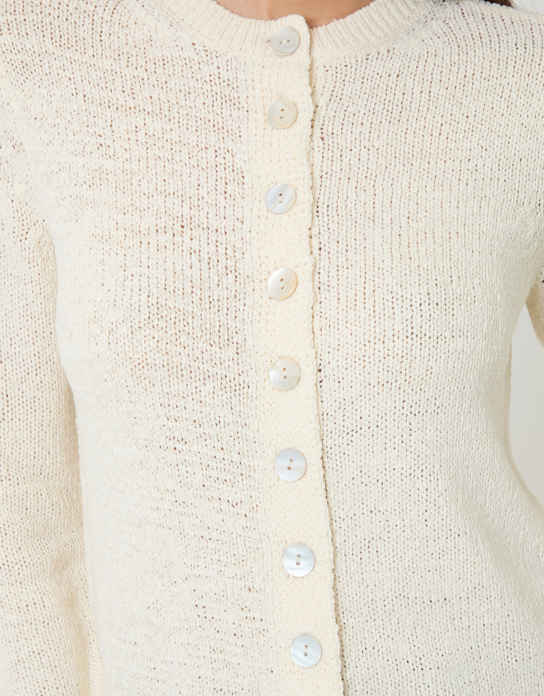 Threadbare Knitted Yarn Crew Neck Cardigan in Ecru - buttons close up