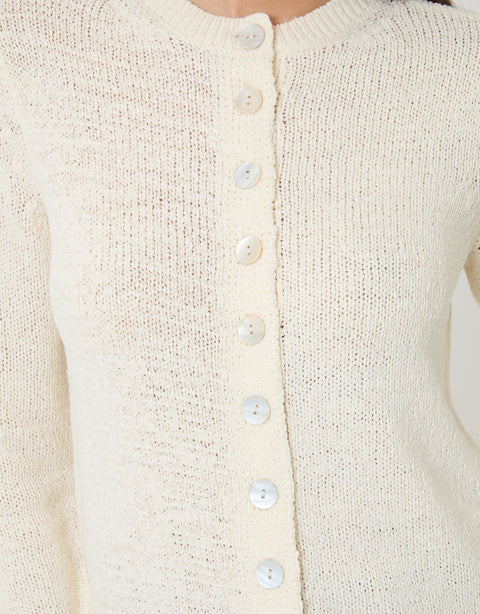 Threadbare Knitted Yarn Crew Neck Cardigan in Ecru - buttons close up