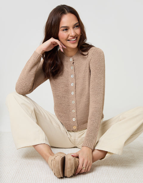 Threadbare Knitted Yarn Crew Neck Cardigan in Taupe - seated