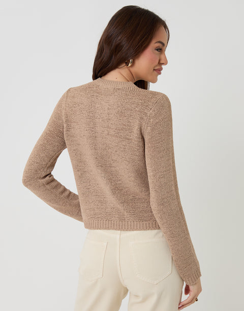 Threadbare Knitted Yarn Crew Neck Cardigan in Taupe - back view
