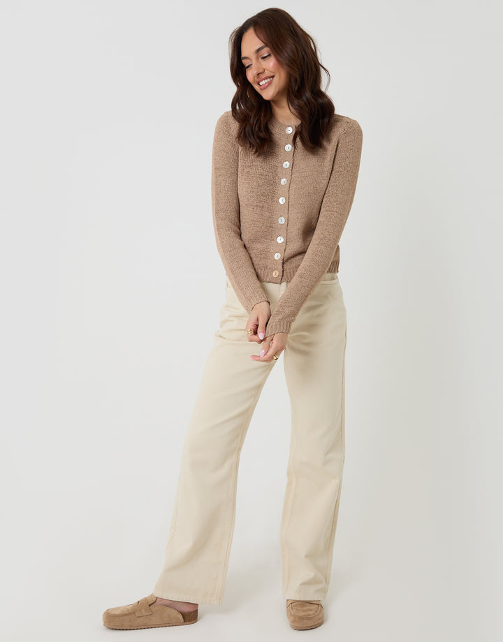 Threadbare Knitted Yarn Crew Neck Cardigan in Taupe - full body