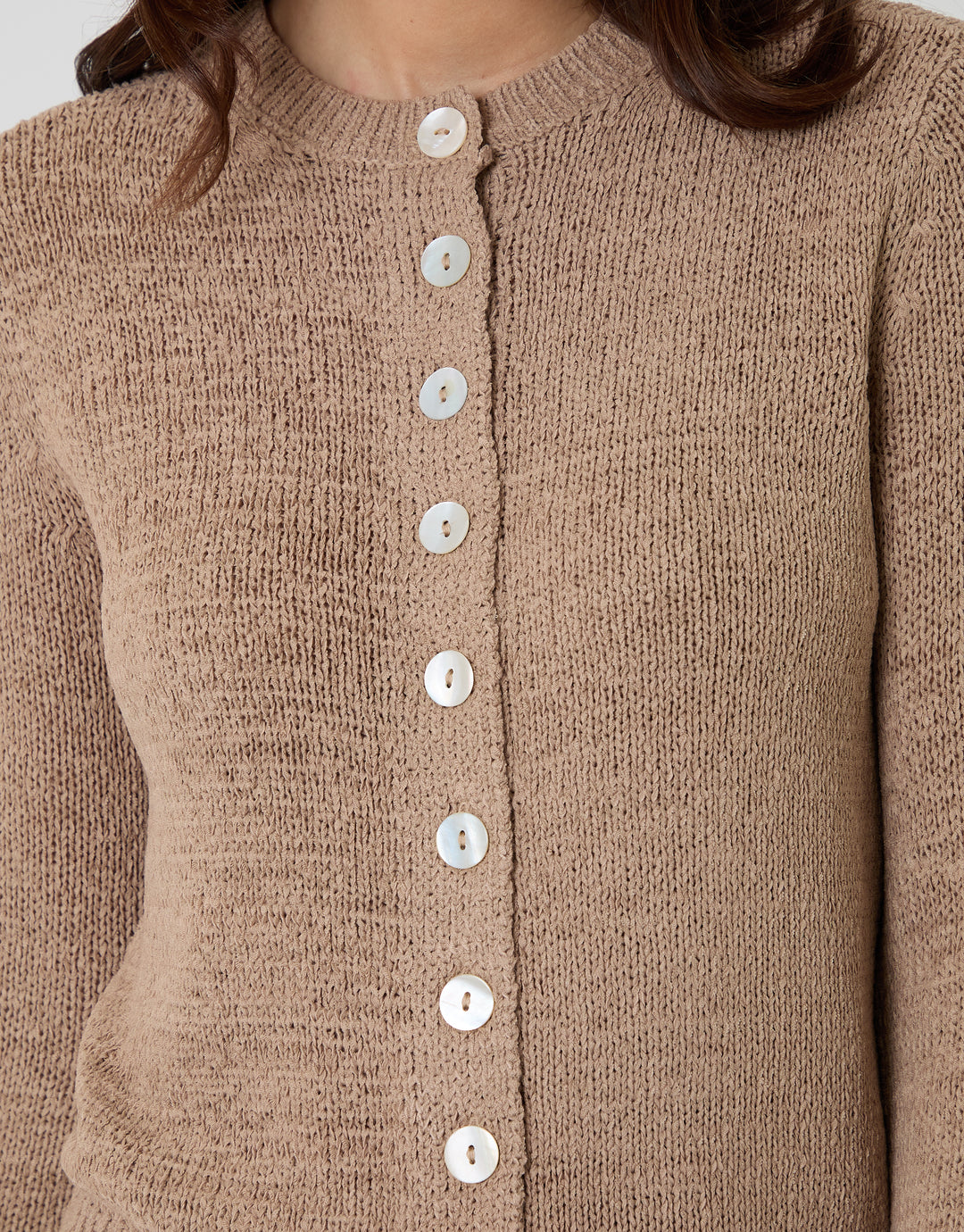 Threadbare Knitted Yarn Crew Neck Cardigan in Taupe - buttons close up