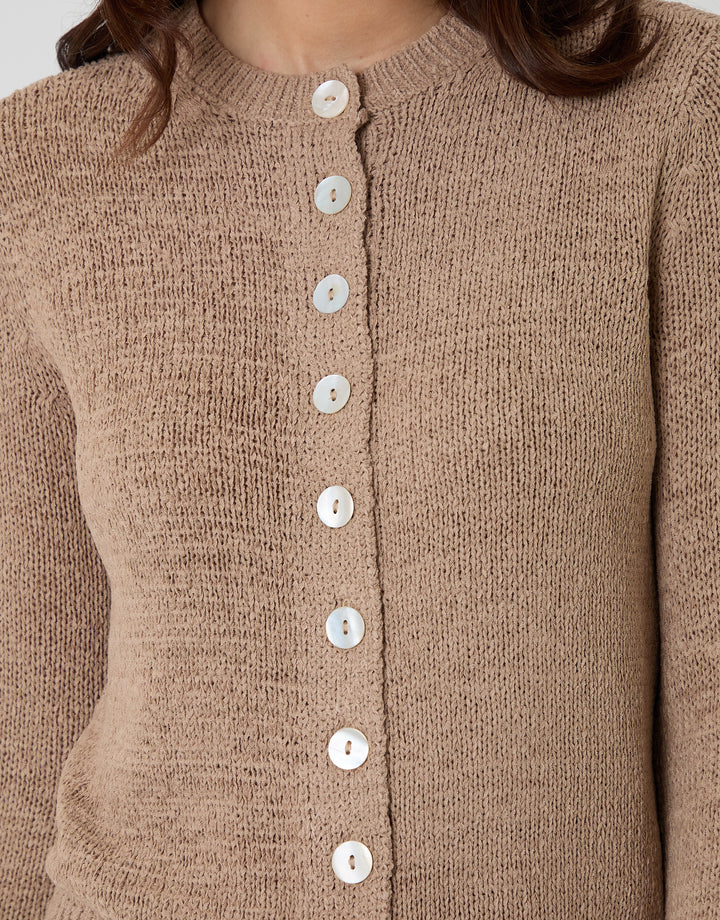 Threadbare Knitted Yarn Crew Neck Cardigan in Taupe - buttons close up