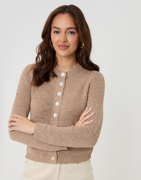 Threadbare Knitted Yarn Crew Neck Cardigan in Taupe - front view