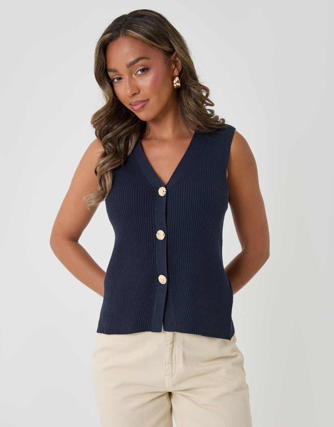 Threadbare Ribbed Longline Waistcoat in Navy - front view