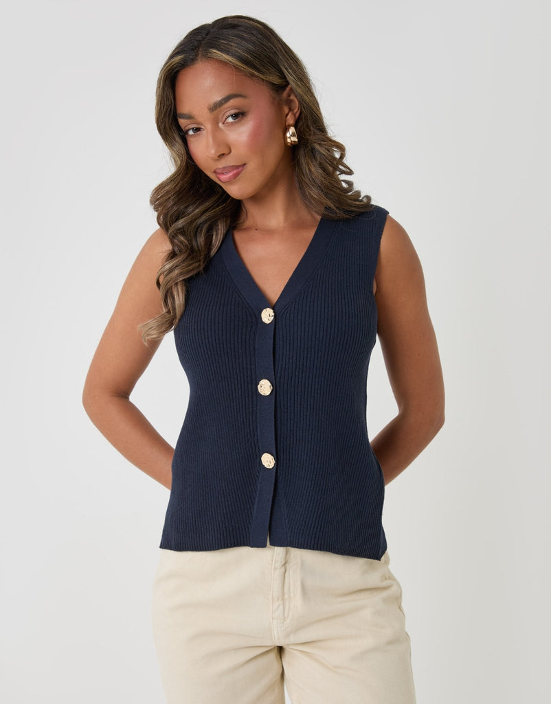 Ribbed Longline Waistcoat in Navy