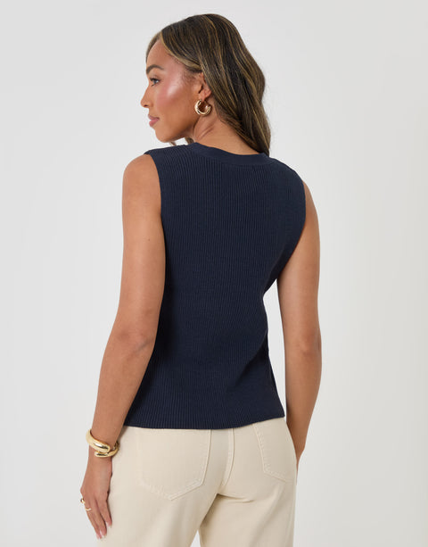 Threadbare Ribbed Longline Waistcoat in Navy - back view