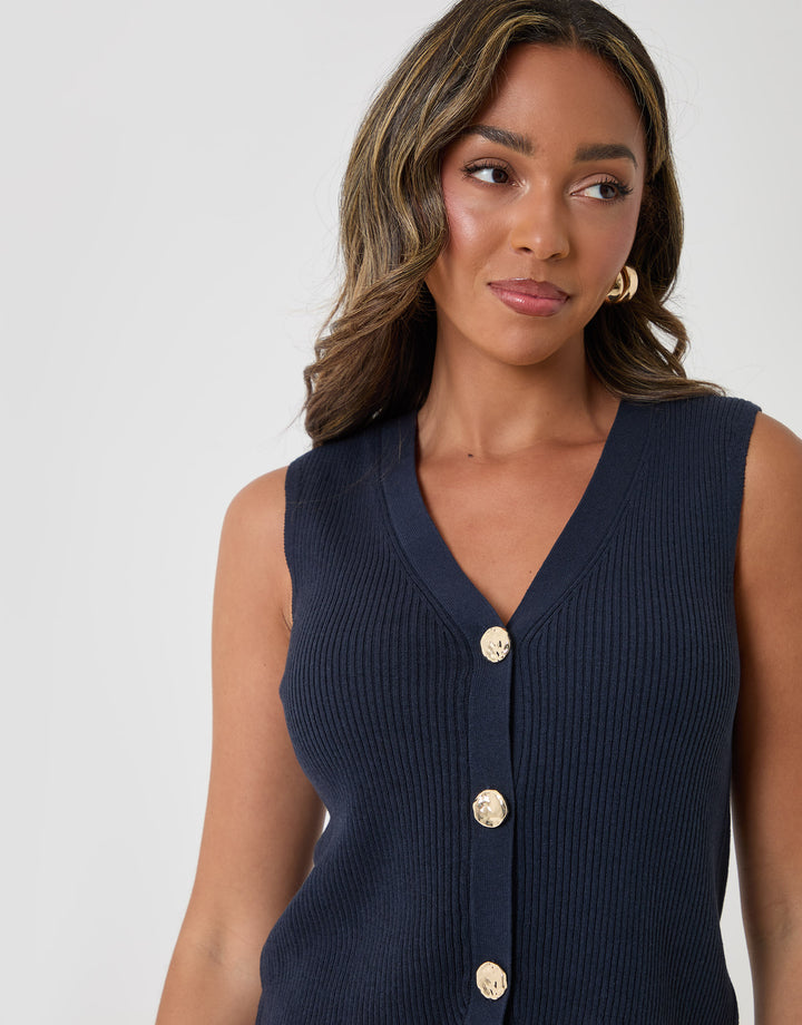 Threadbare Ribbed Longline Waistcoat in Navy - close up
