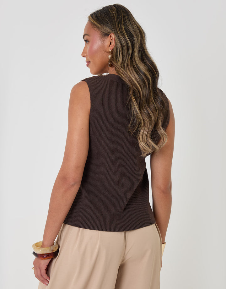 Threadbare Ribbed Longline Waistcoat in Chocolate Brown - back view
