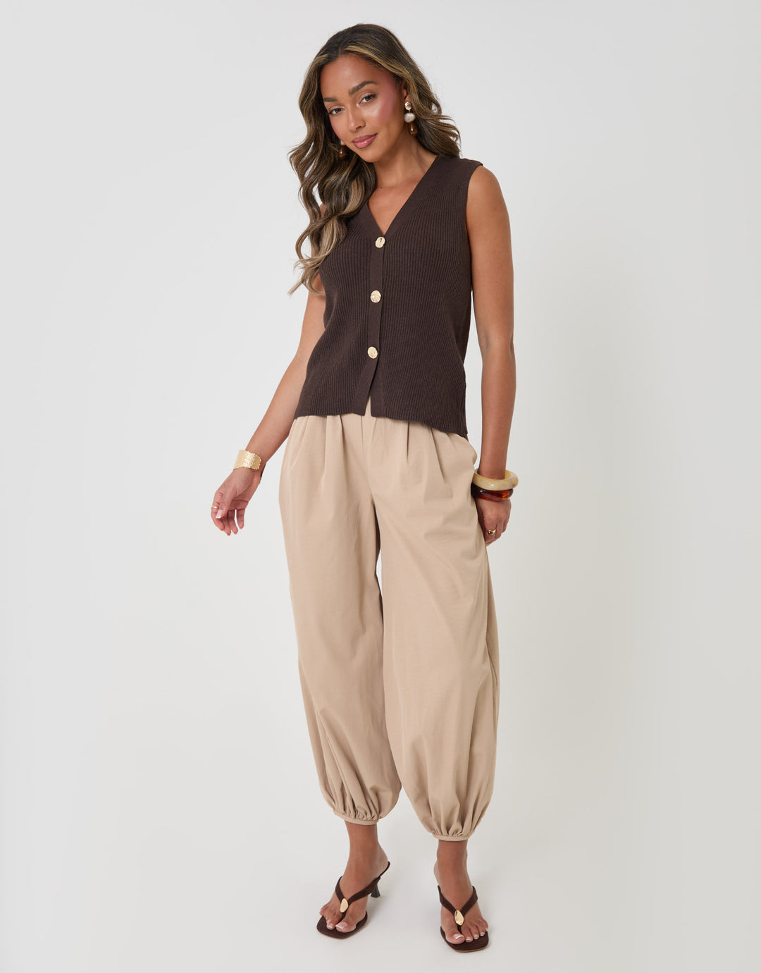 Threadbare Ribbed Longline Waistcoat in Chocolate Brown - full body