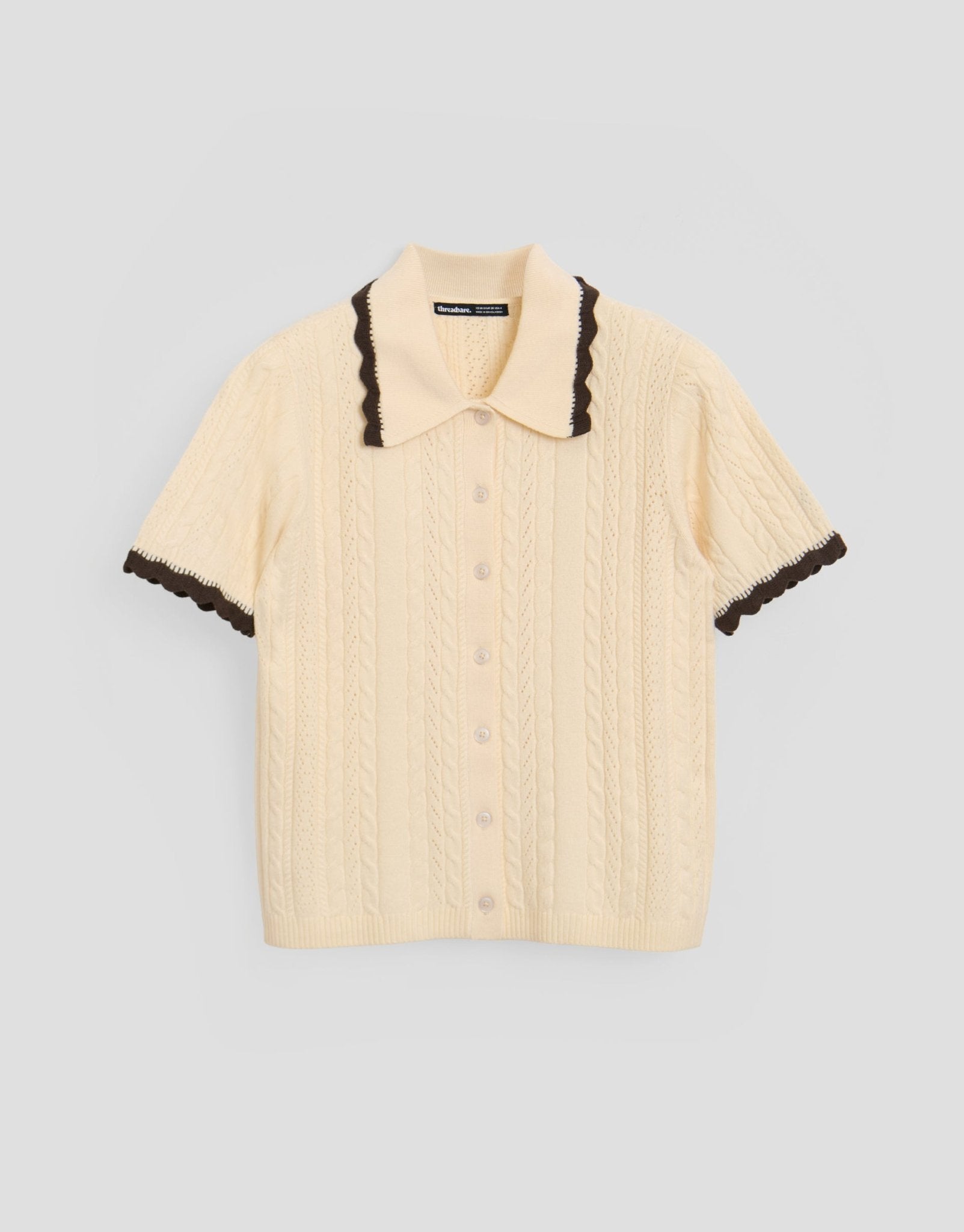 Threadbare Women's Cable Knit Scallop Trim Polo in Cream