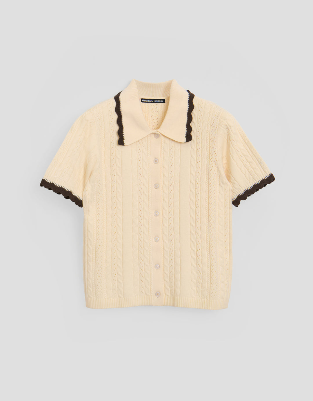 Threadbare Cable Knit Scallop Trim Polo in Cream - flat lay