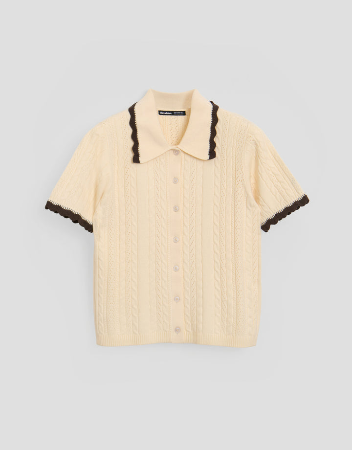Threadbare Cable Knit Scallop Trim Polo in Cream - flat lay