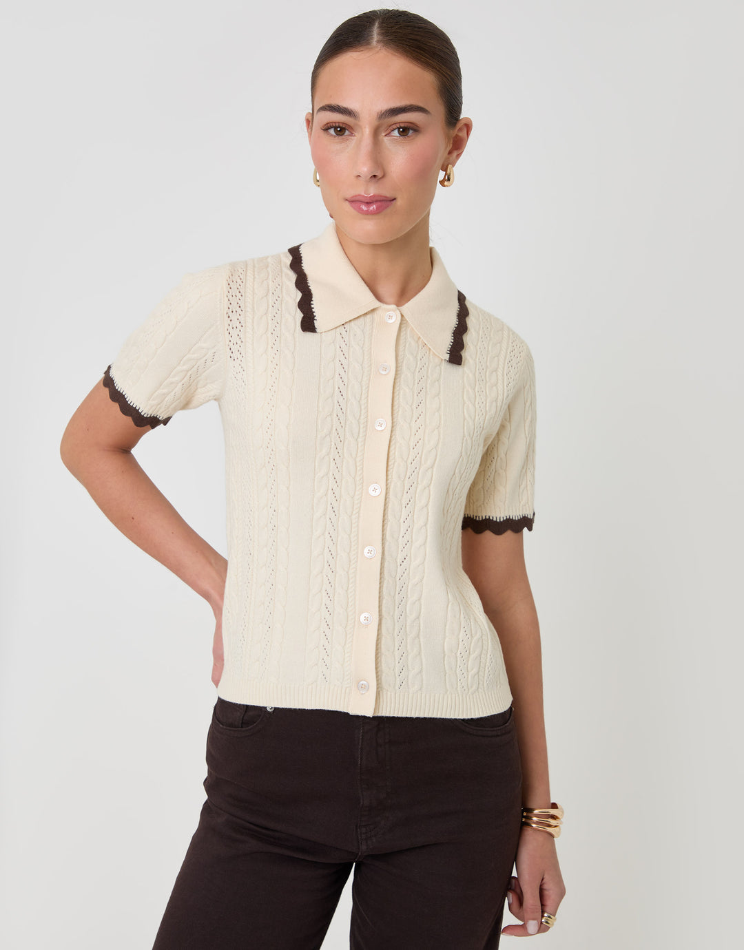 Threadbare Cable Knit Scallop Trim Polo in Cream - front view