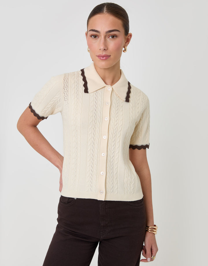 Threadbare Cable Knit Scallop Trim Polo in Cream - front view