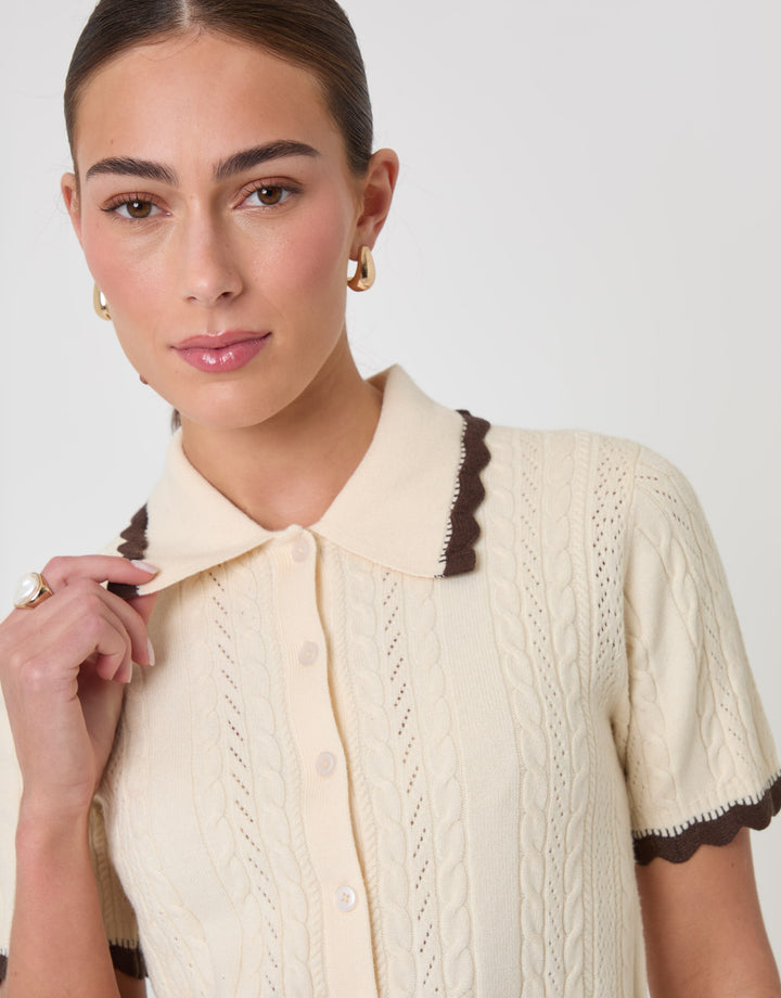 Threadbare Cable Knit Scallop Trim Polo in Cream - close up