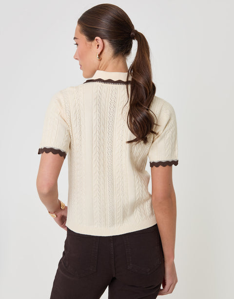 Threadbare Cable Knit Scallop Trim Polo in Cream - back view