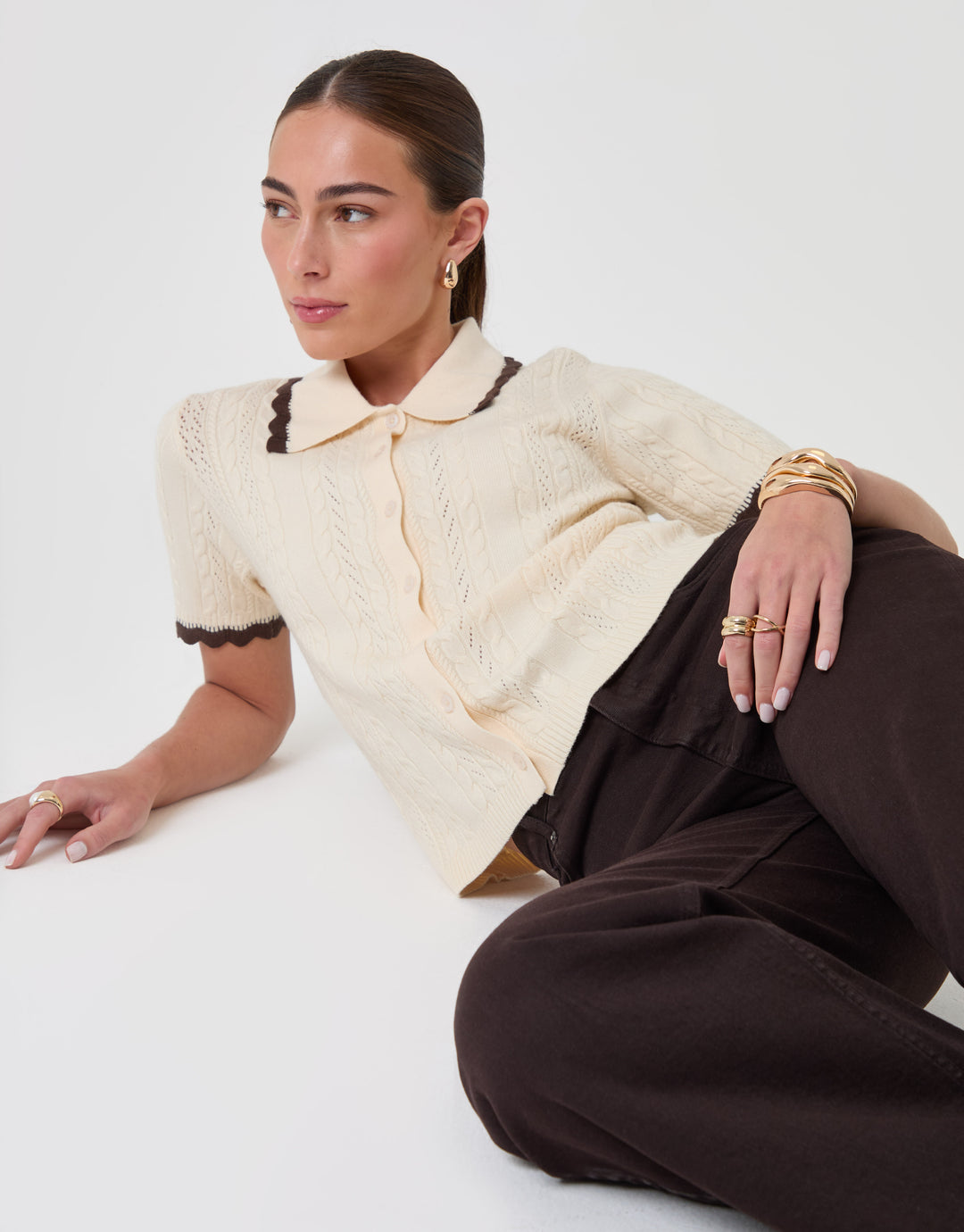 Threadbare Cable Knit Scallop Trim Polo in Cream - laid down