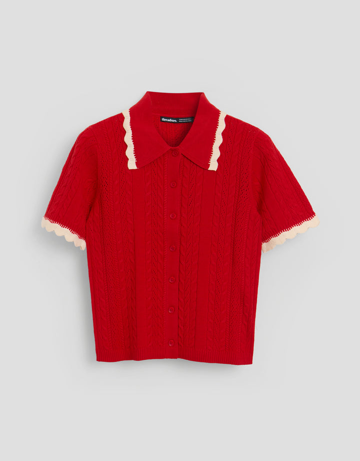 Threadbare Cable Knit Scallop Trim Polo in Red - flat lay