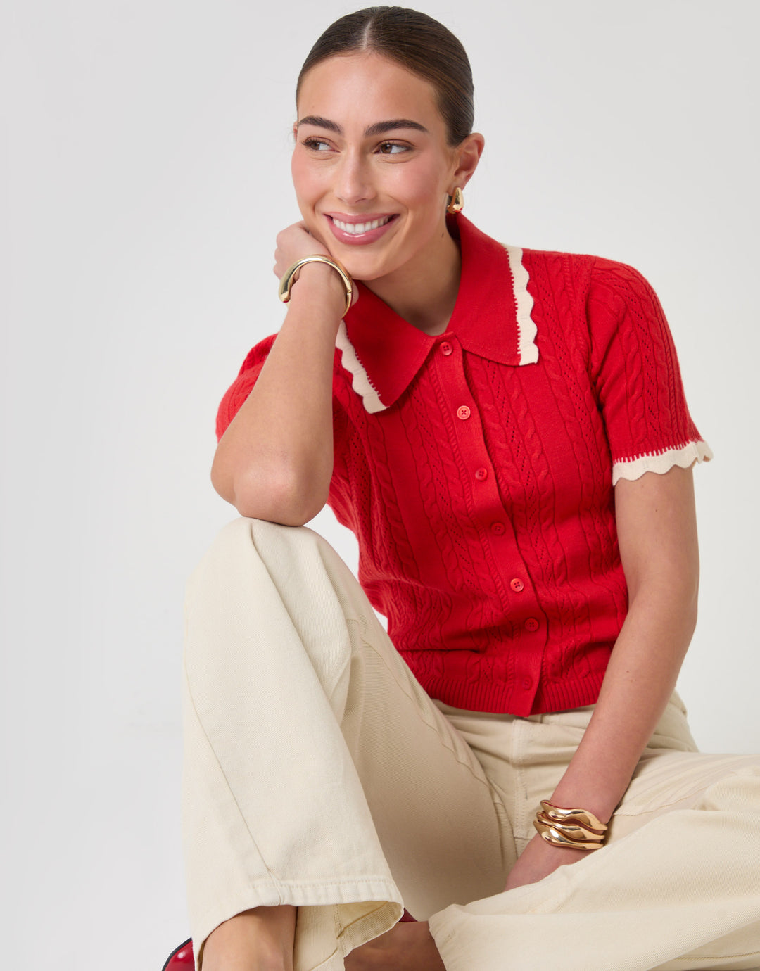 Threadbare Cable Knit Scallop Trim Polo in Red - sat down front