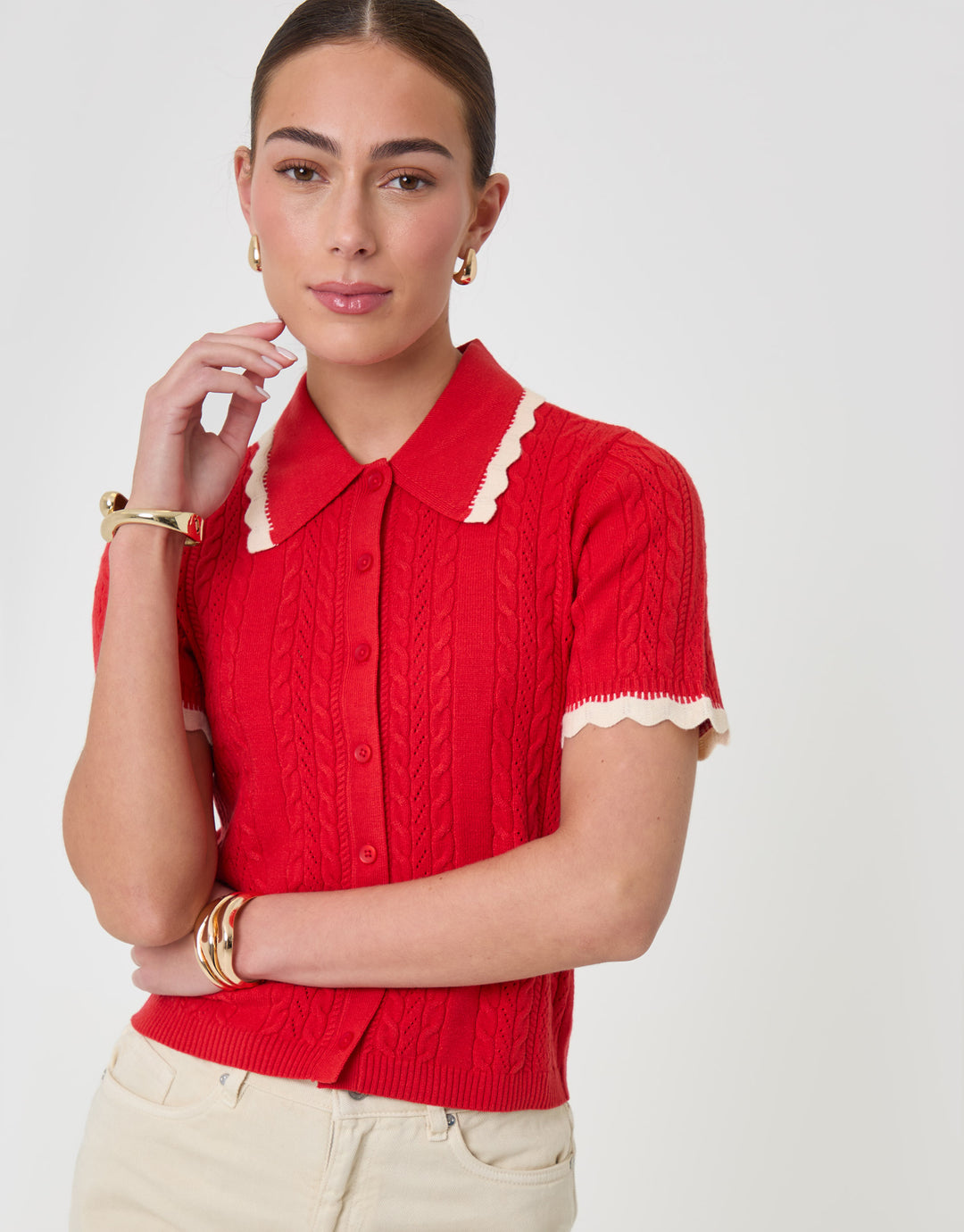 Threadbare Cable Knit Scallop Trim Polo in Red - front view