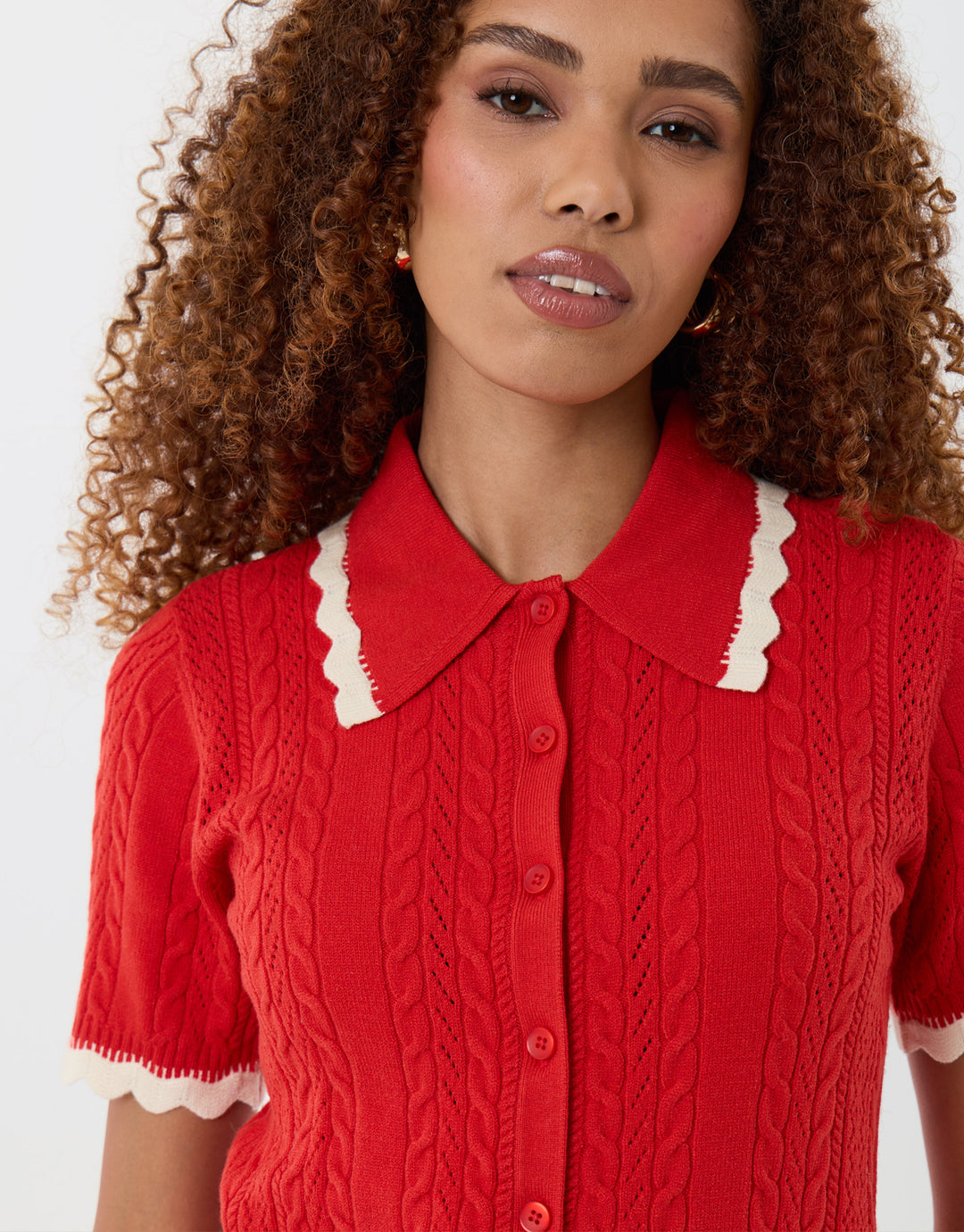 Cable Knit Scallop Trim Polo in Red