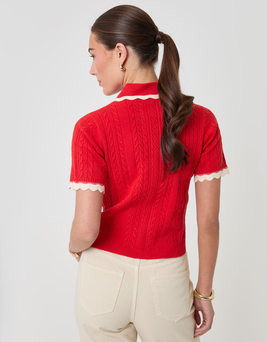 Threadbare Cable Knit Scallop Trim Polo in Red - back view