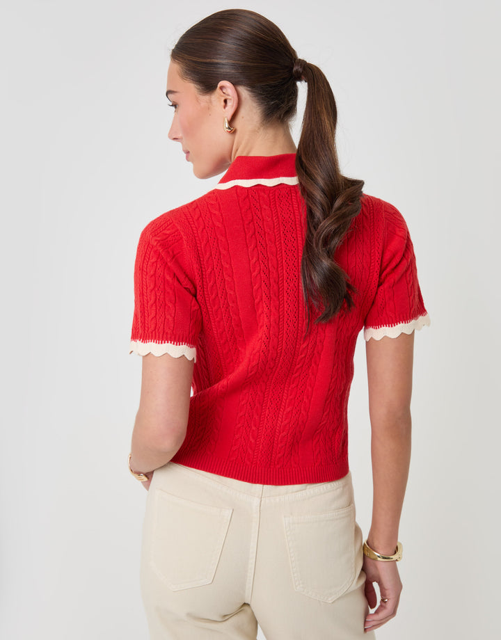 Threadbare Cable Knit Scallop Trim Polo in Red - back view