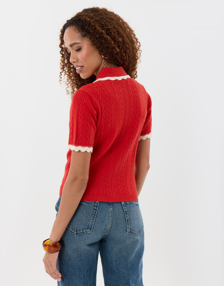 Cable Knit Scallop Trim Polo in Red