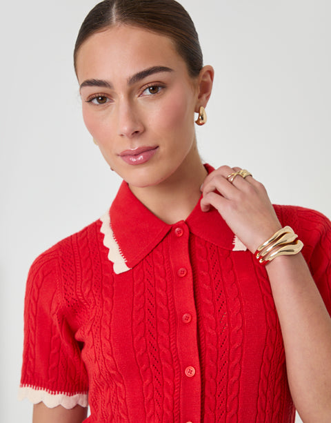 Threadbare Cable Knit Scallop Trim Polo in Red - close up