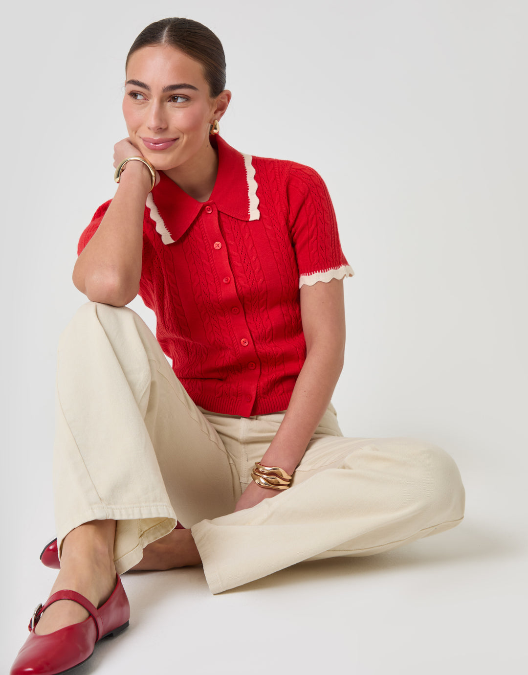 Threadbare Cable Knit Scallop Trim Polo in Red - sat down