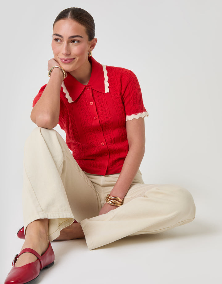 Threadbare Cable Knit Scallop Trim Polo in Red - sat down