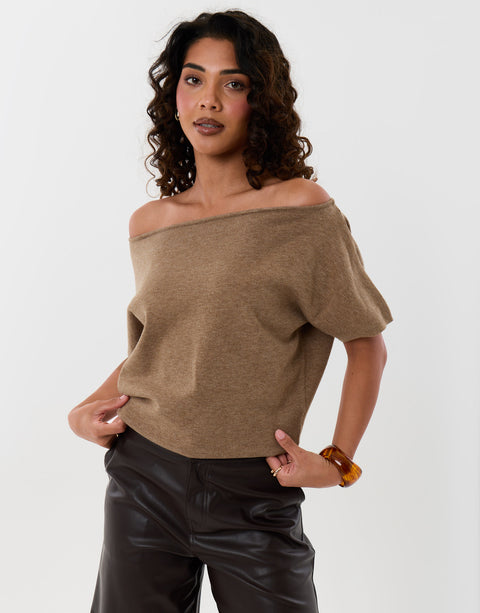 Threadbare Short Sleeve Slash Neck Jumper in Beige - full body