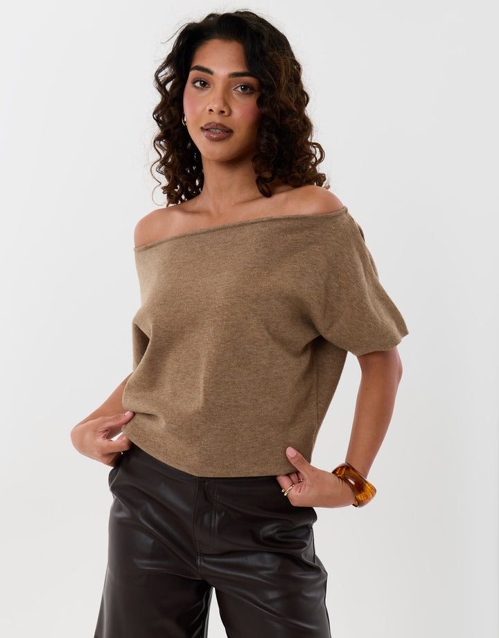Threadbare Short Sleeve Slash Neck Jumper in Beige - full body