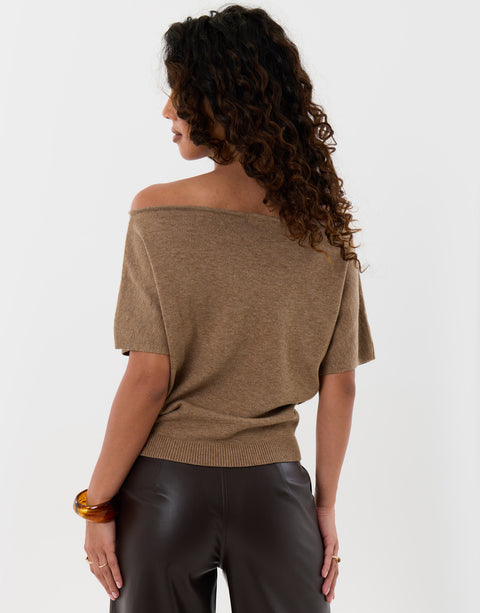 Threadbare Short Sleeve Slash Neck Jumper in Beige - back view